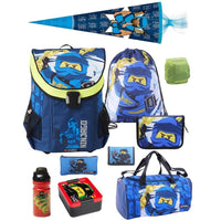 Lego Easy Jay Ninjago Schulranzen Set 10 teilig mit Dose, Flasche, Sporttasche und Zuckertüte Blau