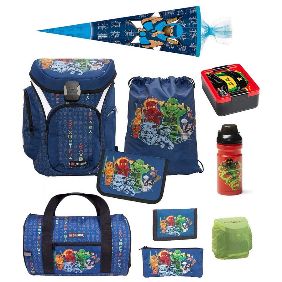 Lego Ninjago Schulranzen Set mit Federmappe, Brotdose, Trinkflasche, Sporttasche und Ninja Schultüte / Zuckertüte