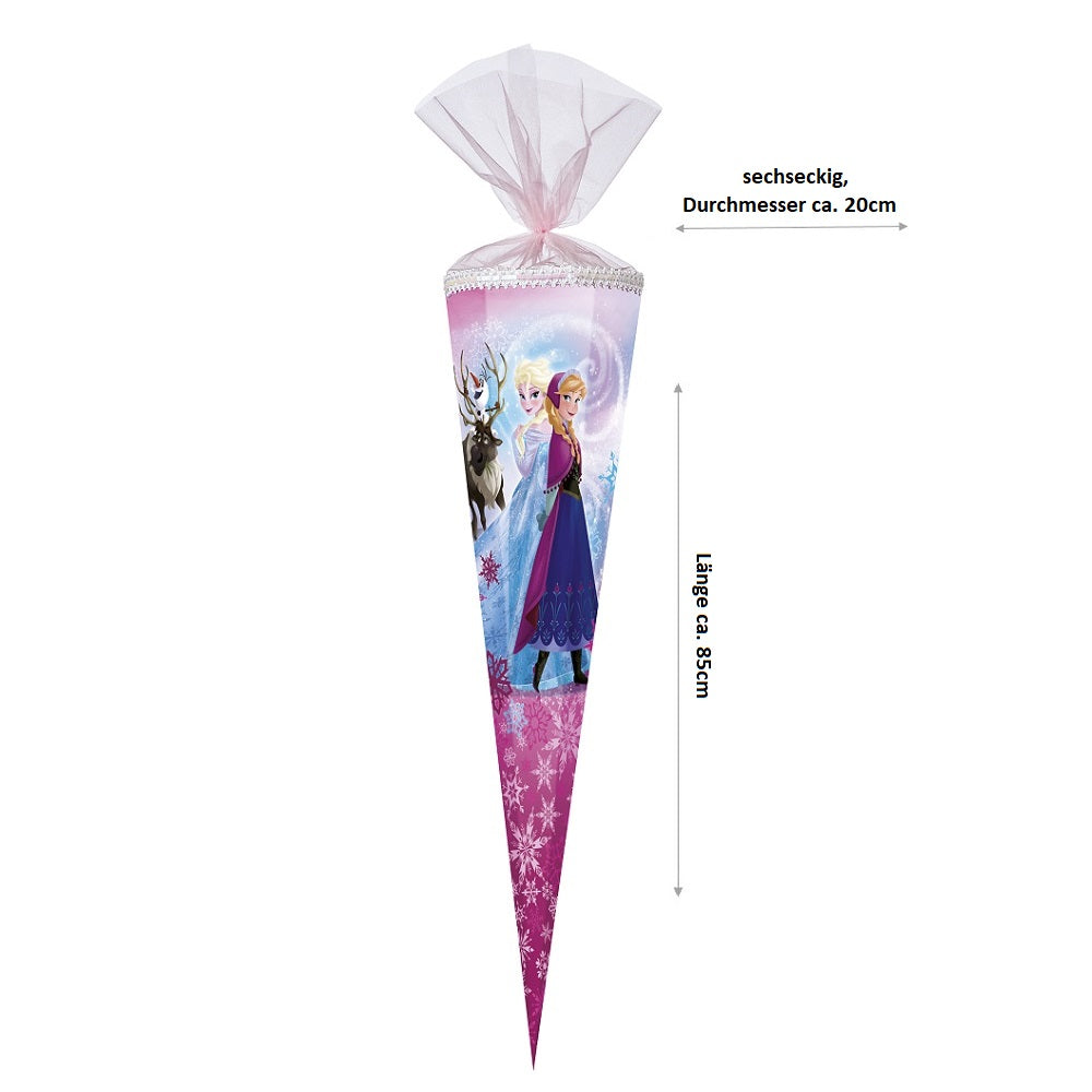 Große Schultüte 85 cm mit rosa Spitze, Anna und Elsa und Tüllverschluss