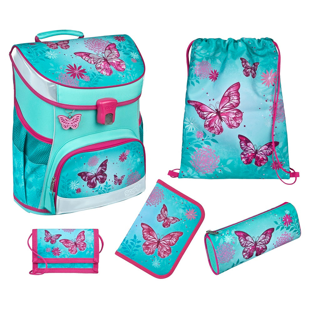 Butterfly Schmetterling Schulranzen Set Scooli Ranzen 1. Klasse für Mädchen Türkis