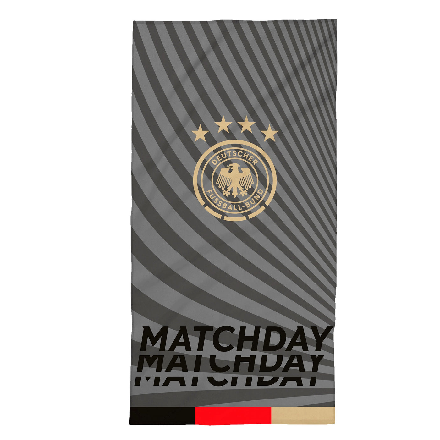 DFB Strandtuch grau gestreift mit Bundesadler Emblem Schriftzug Matchday und Deutschlandfarben am unteren Rand