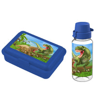 Brotdose und Trinkflasche in blau mit Dino Motiv in passendem Design zum Ranzen