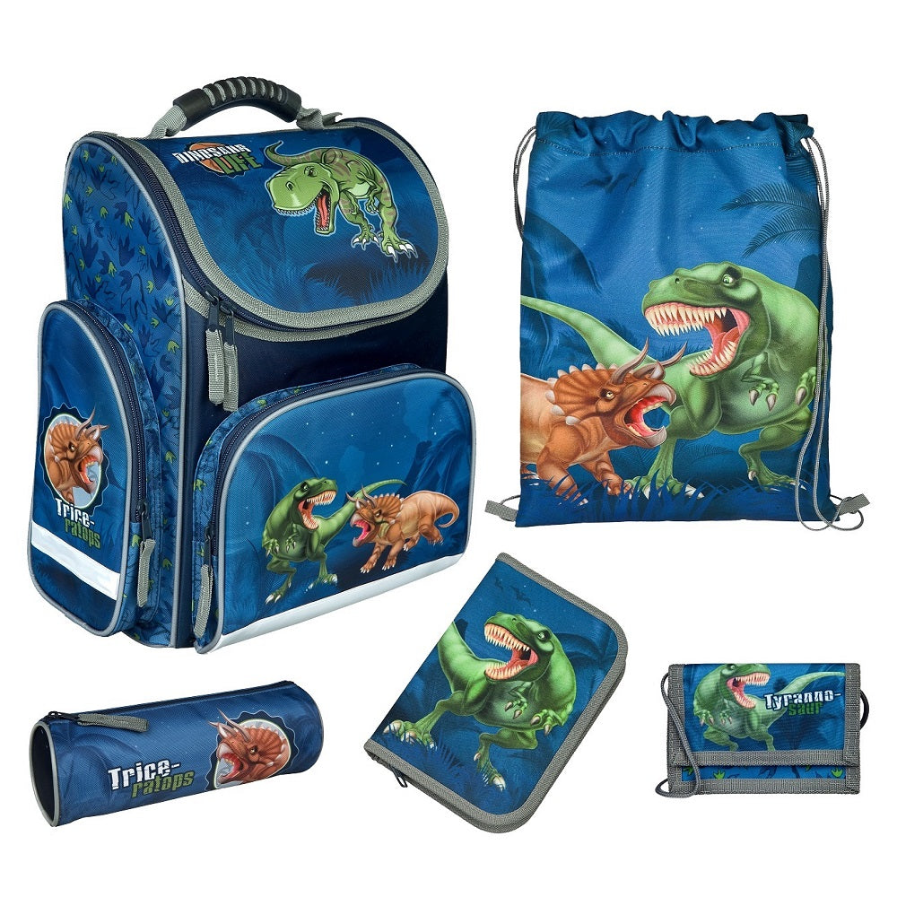 Dinosaurier Schulranzen mit T-Rex und Triceratops für Jungen in blauem Design Frontansicht