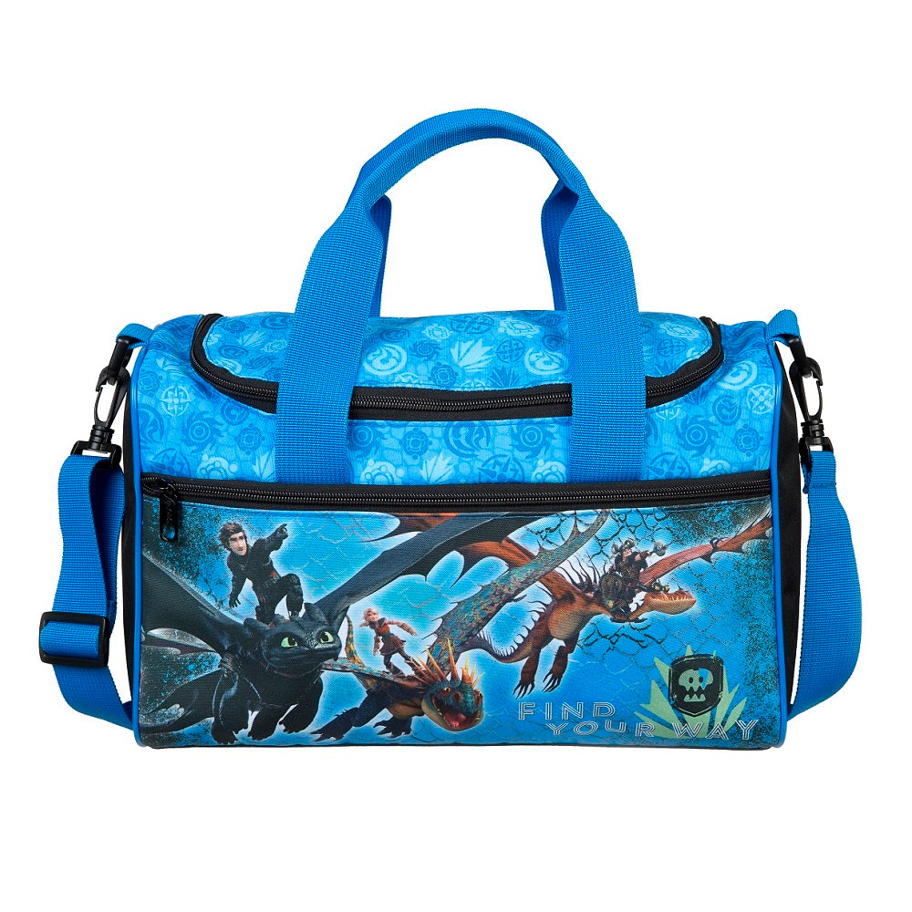 Detailansicht Sporttasche blau mit Dragons Motiv passend zum Schulranzen