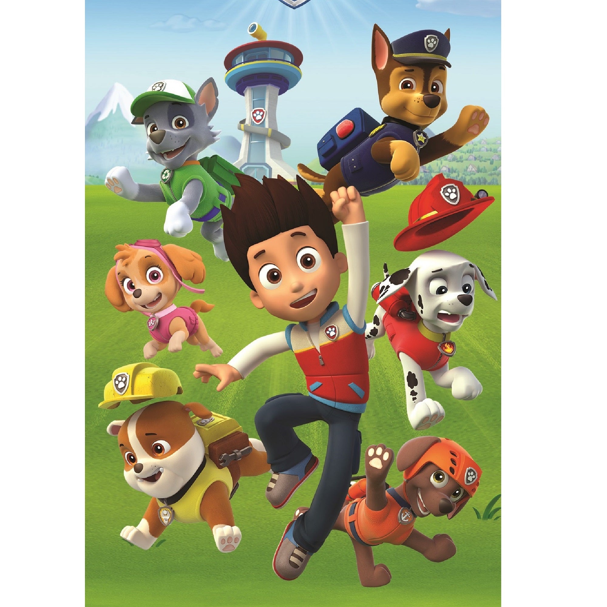 Detailansicht Paw Patrol Strandtuch reingezoomt mit Ryder Marshall Syke Chase Rubble Rocky und Zuma alle springend