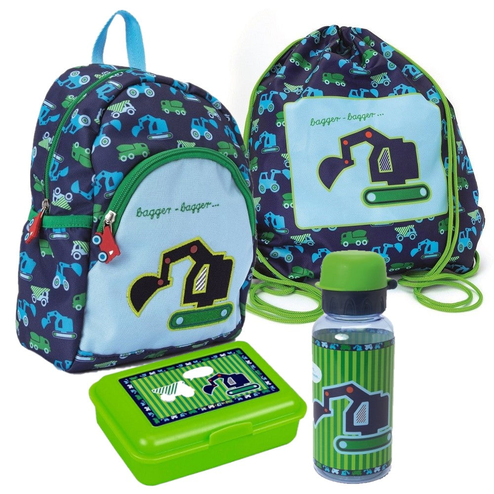 Spiegelburg Bagger Rucksack Set mit Turnbeutel, Brotdose und Trinkflasche