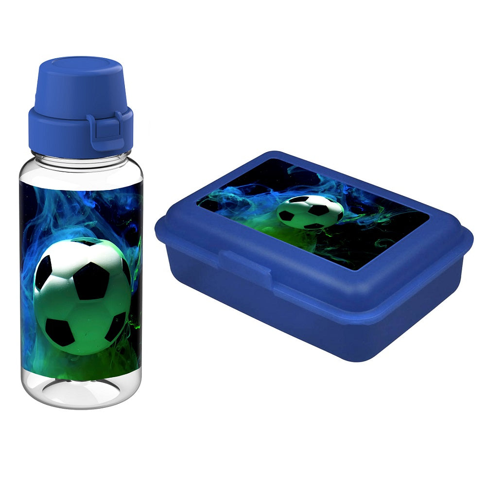 Brotdose blau und Trinkflasche transparent mit Fußball Aufdruck