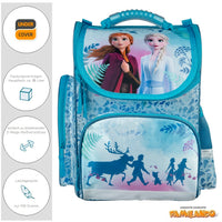 Frontansicht Frozen Schulranzen mit Anna und Elsa auf Deckel des Hauptfachs, Frontasche mit Sven, Kristoff und Olaf