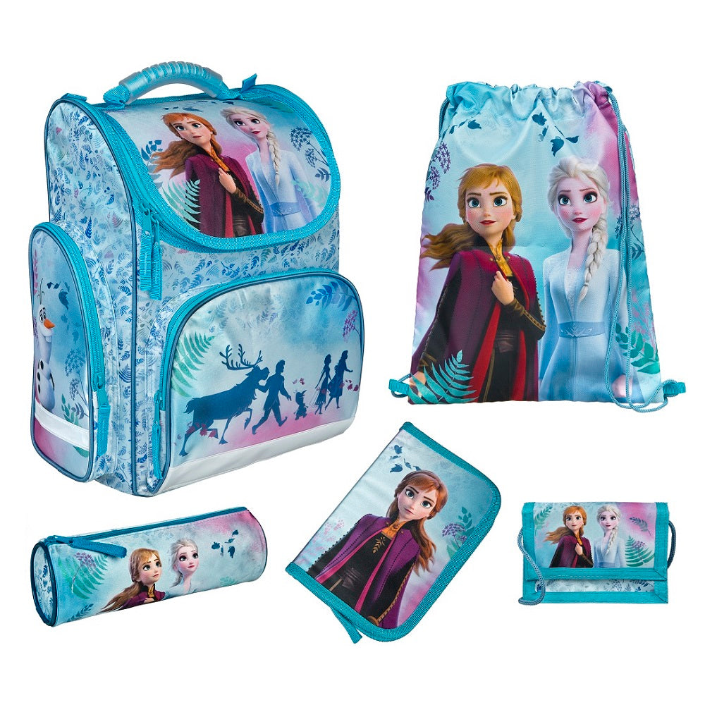 Blauer Frozen Schulranzen mit Anna und Elsa Motiv für Mädchen linke Seite