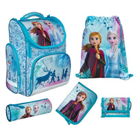 Frozen Schulranzen in hellblau mit Anna und Elsa auf Deckel im 5-teilige Grundset mit Federmappe, Turn- und Geldbeutel, sowie Schlamperrolle