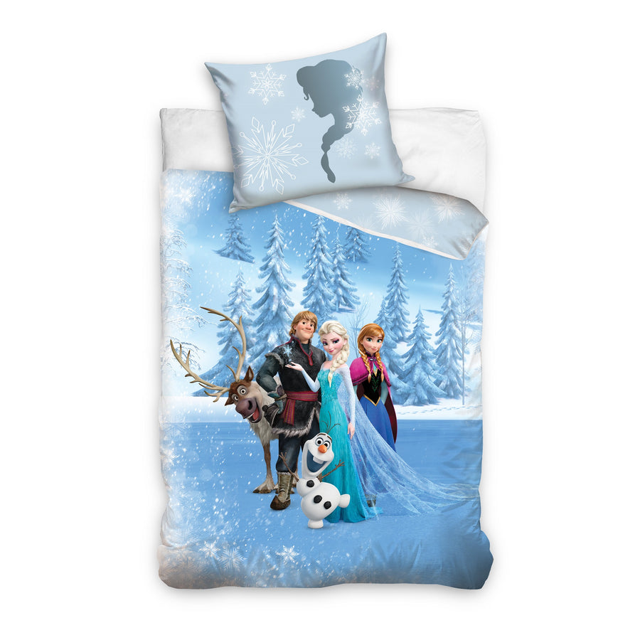 Hellblaue Kinderbettwäsche von Frozen für Mädchen mit Anna, Elsa, Sven und Olaf auf der Vorderseite