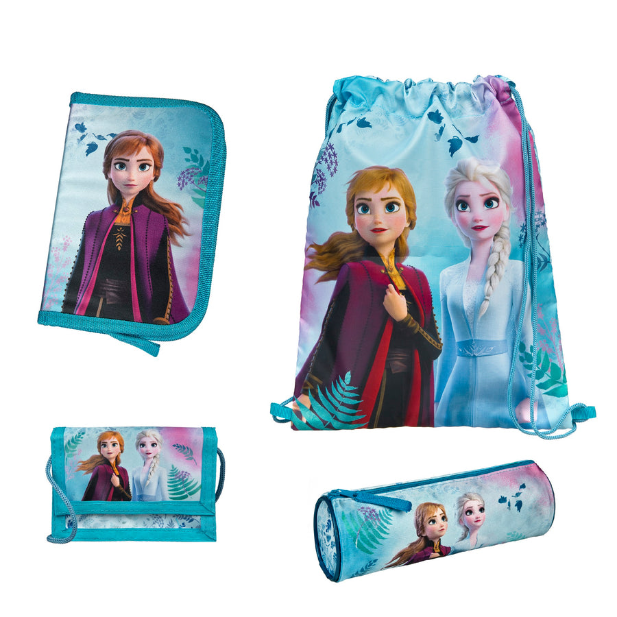 Frozen Schulzubehör Set mit Federmappe, Turn- und Geldbeutel und Schlamper-Rolle mit blauem Frozen Motiv mit Anna und Elsa