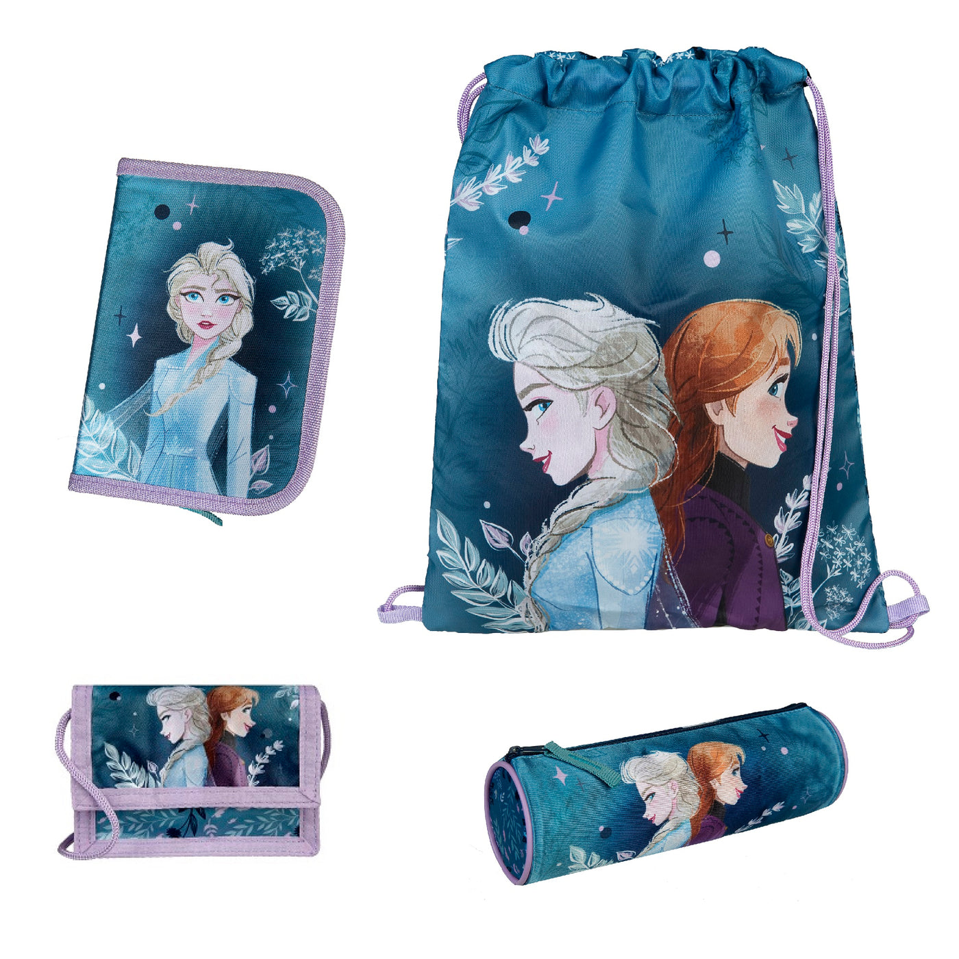 Frozen Schulzubehör Set mit Federmappe, Turn- und Geldbeutel und Schlamper-Rolle mit dunkelblauem Frozen Motiv mit Anna und Elsa