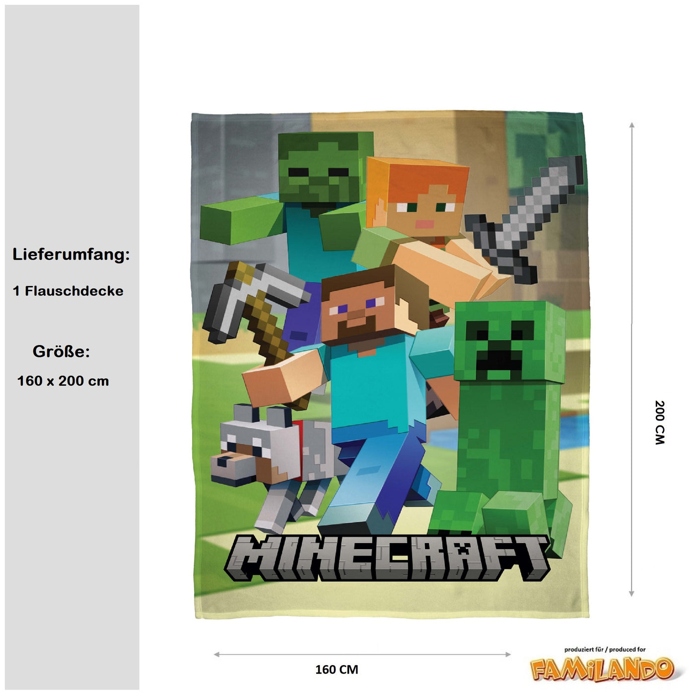 Größe der Minecraft Decke 160 x 200 cm