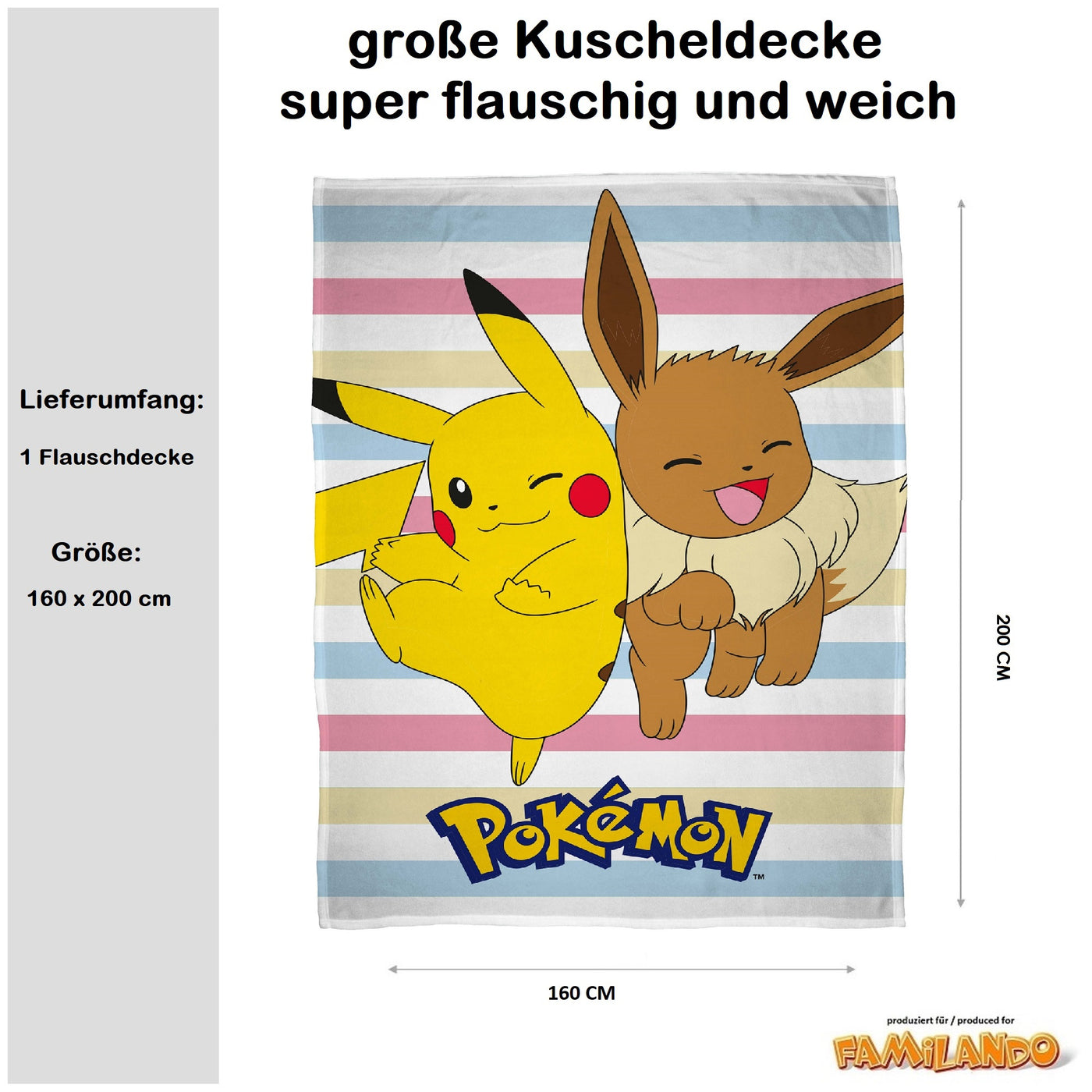 Grösse 160x200 cm der Pokemon Kuscheldecke