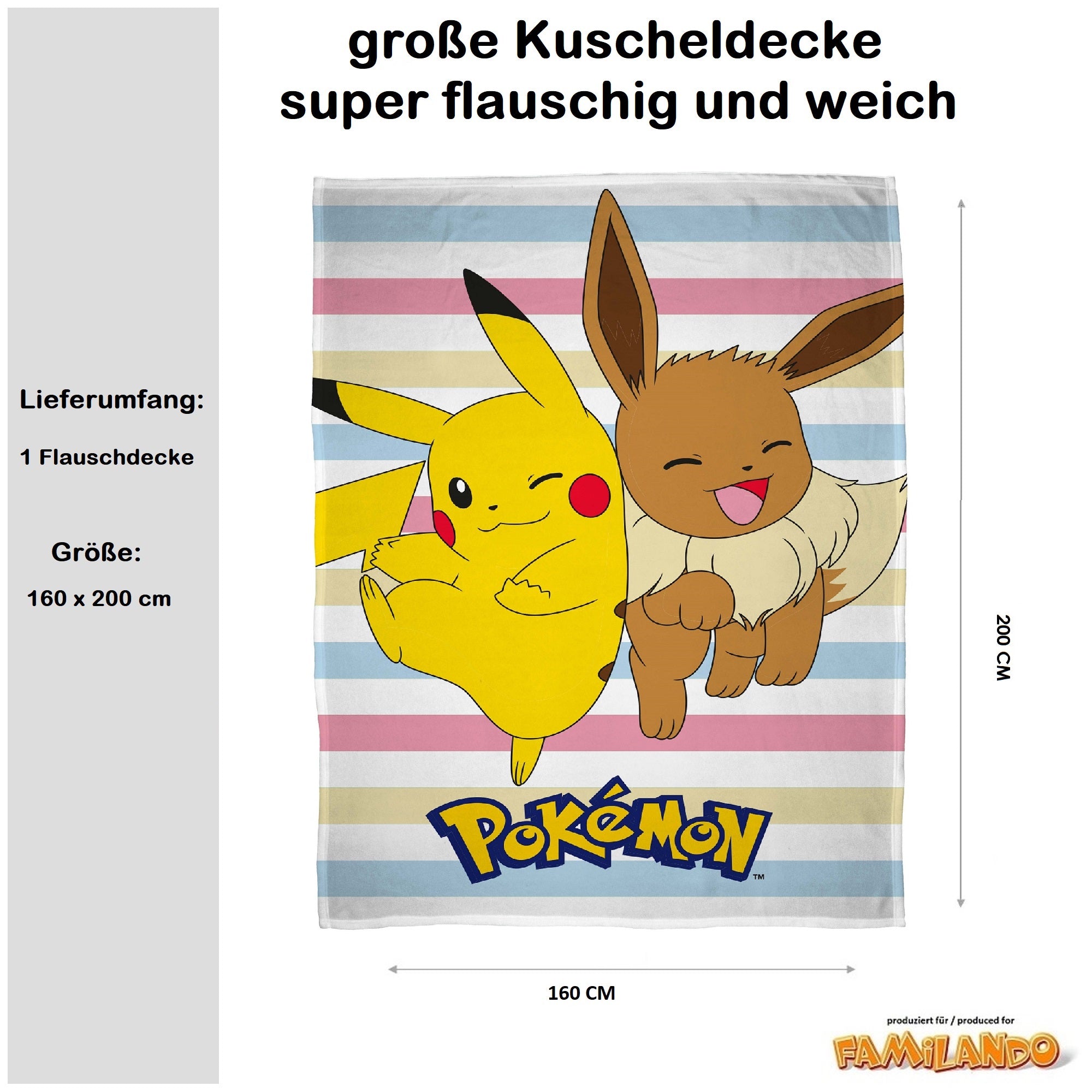 Grösse 160x200 cm der Pokemon Kuscheldecke