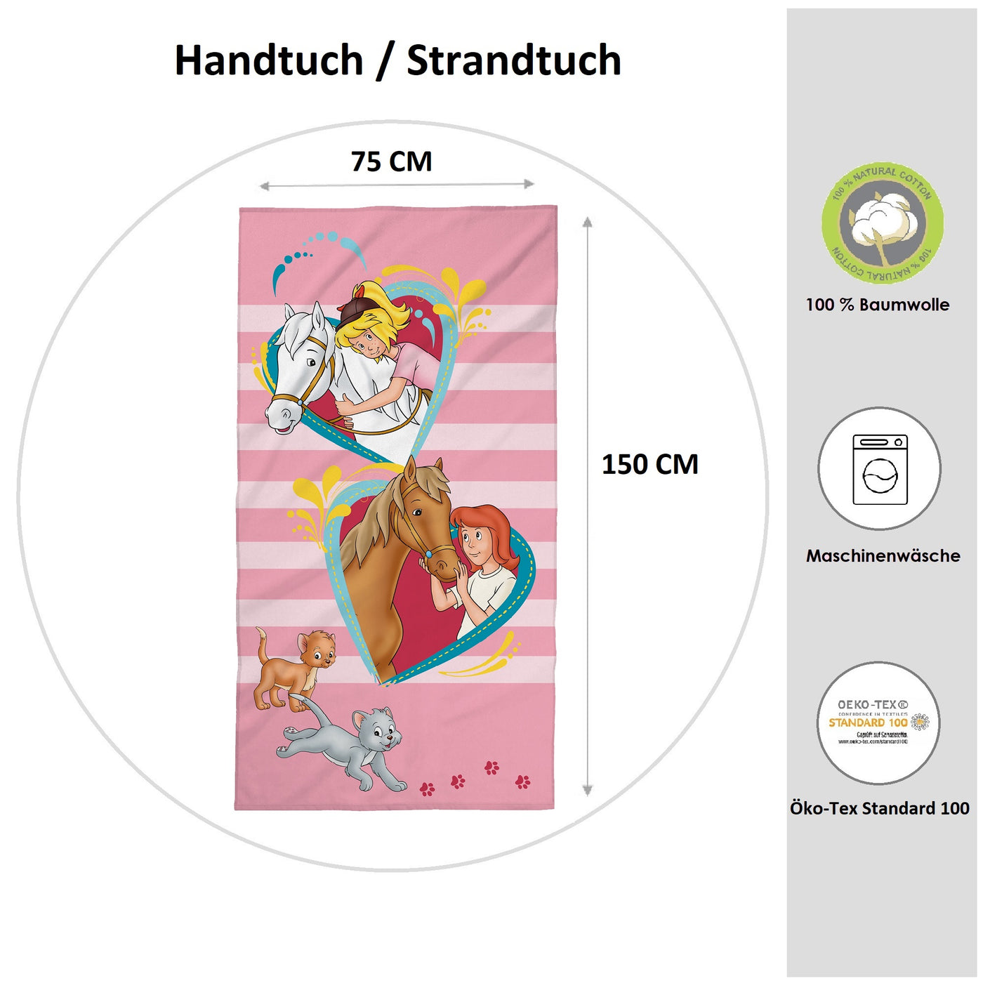 Infotafel Material und Waschhinweise des Strandtuchs aus 100% Baumwolle