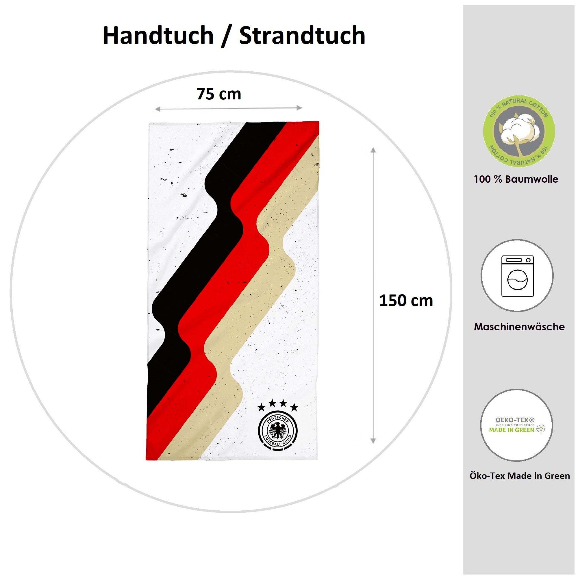 Infotafel: Größe und Material des DFB Handtuchs in weiß 75x150 cm