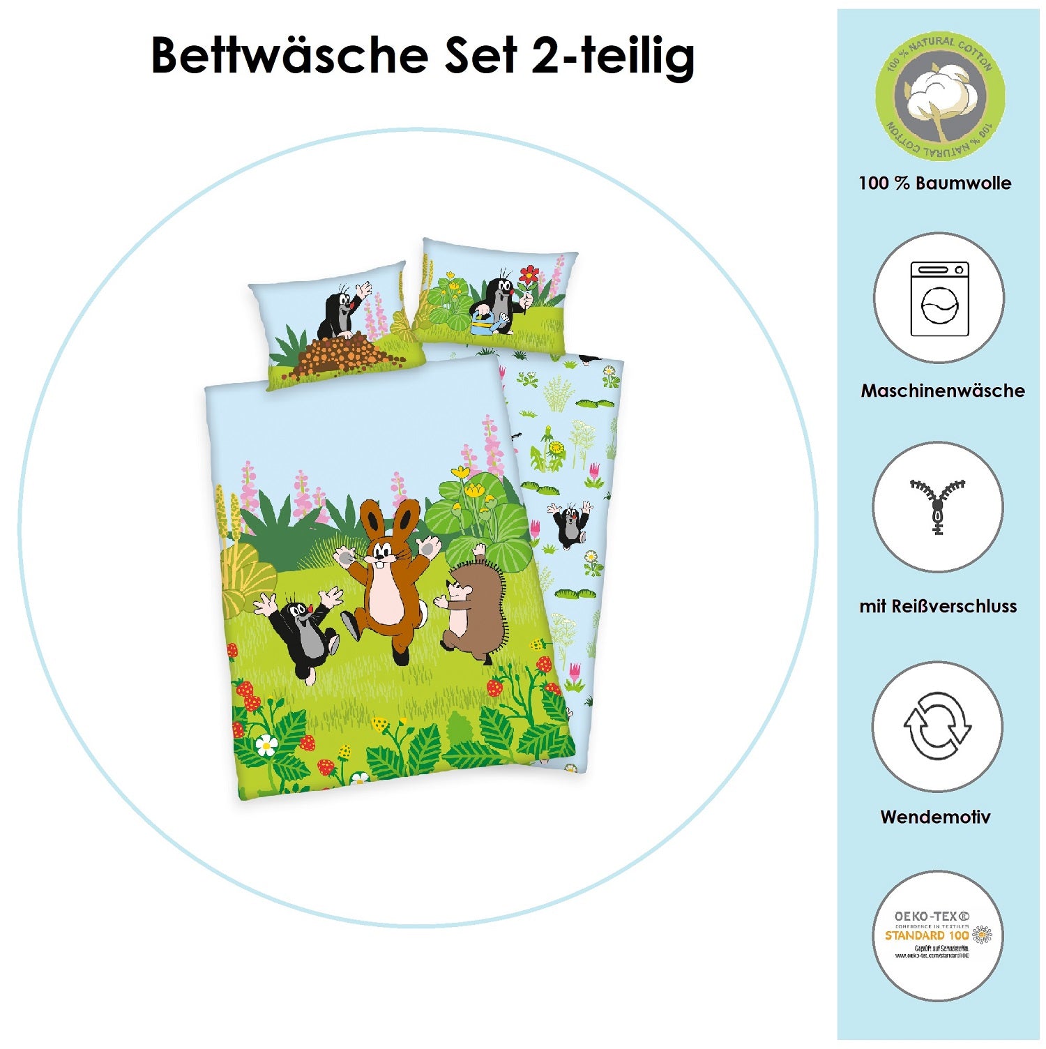 Infotafel Material und Waschhinweise der Babybettwäscher aus 100% Baumwolle mit Reißverschluss