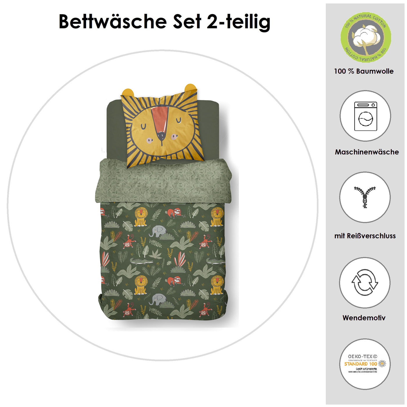 Bettwäsche Set für Kinder mit Dschungel Motiv 135x200 80x80 cm aus 100% Baumwolle Bettwäsche Geschwister-Set