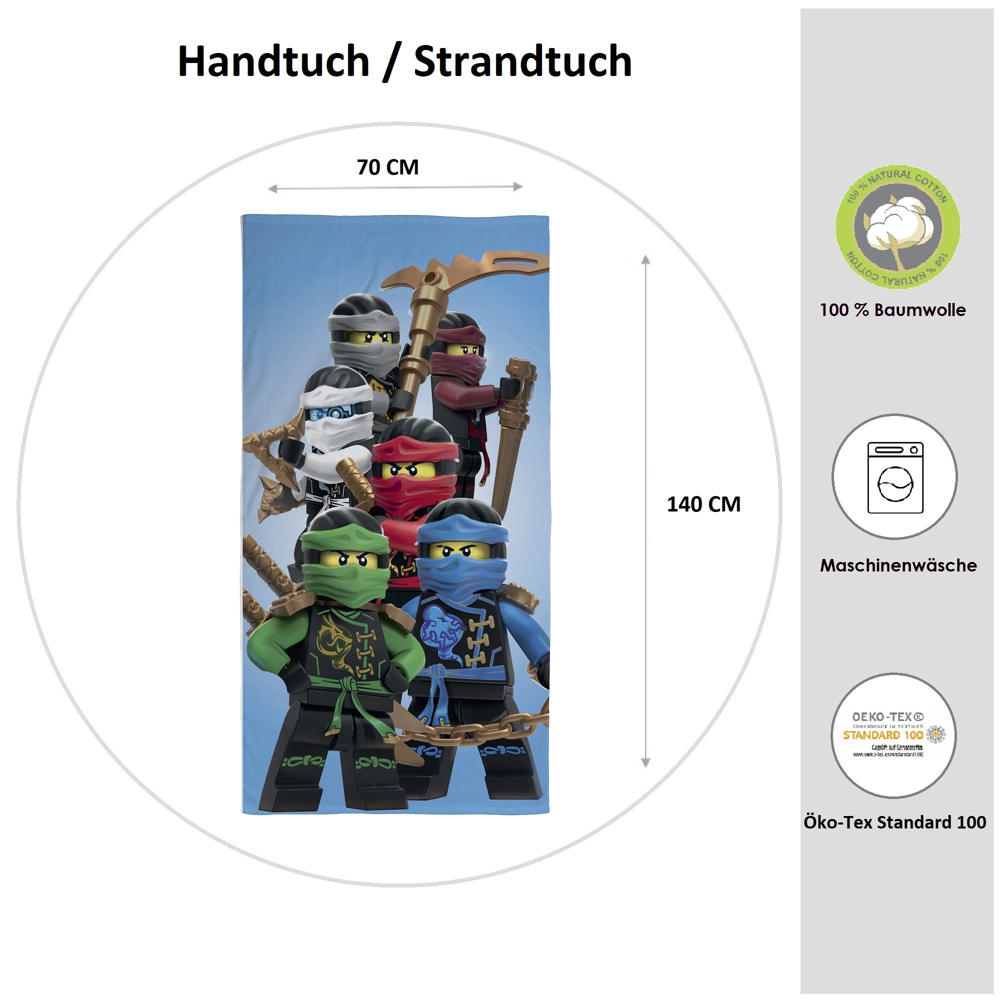 Lego Ninjago Handtuch Strandtuch 70x140 cm mit Lloyd Kai Zane Cole Nya und Zane mit Maßen