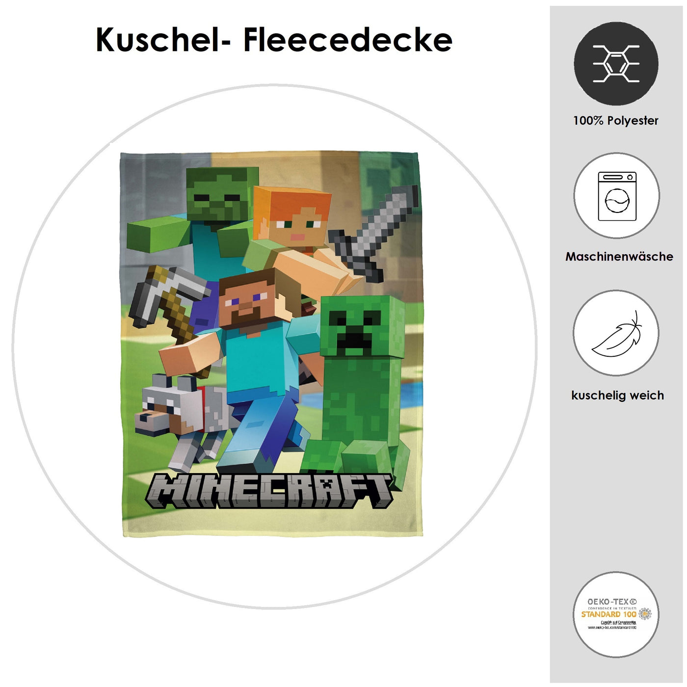 Infotafel Material und Waschhinweise der Minecraft Kuscheldecke