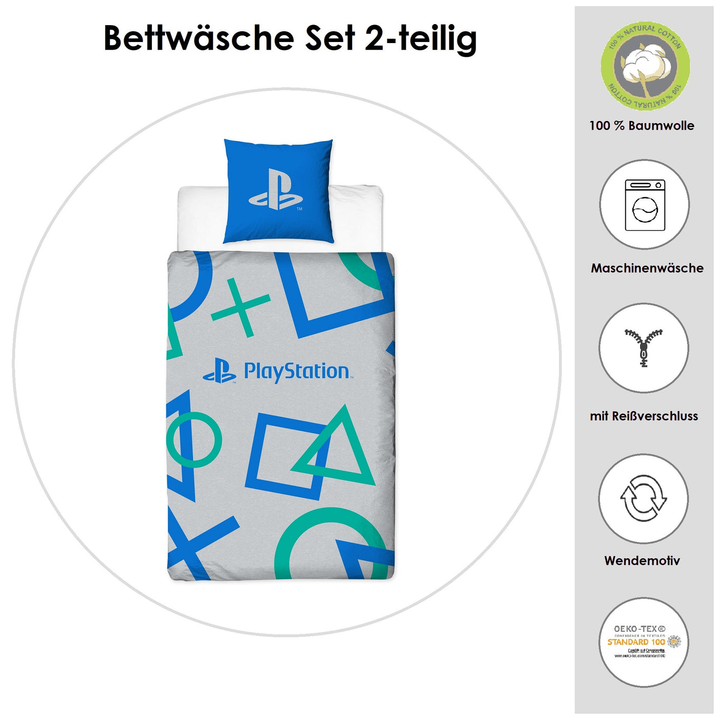 Infotafel Material und Waschhinweise der Playstation Bettwäsche aus 100% Baumwolle mit Reißverschluss