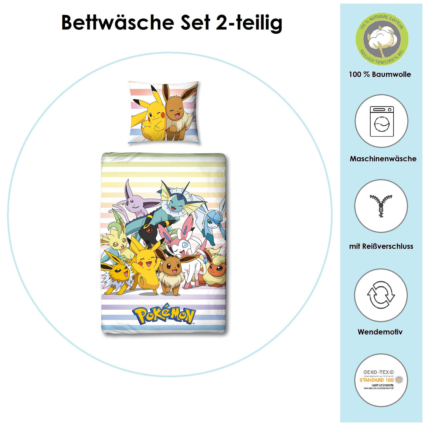 Infotafel Material und Waschhinweise der Pokémon Bettwäsche aus 100% Baumwolle mit Reißverschluss