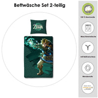 Infotafel Material und Waschhinweise der Zelda Bettwäsche aus 100% Baumwolle mit Reißverschluss