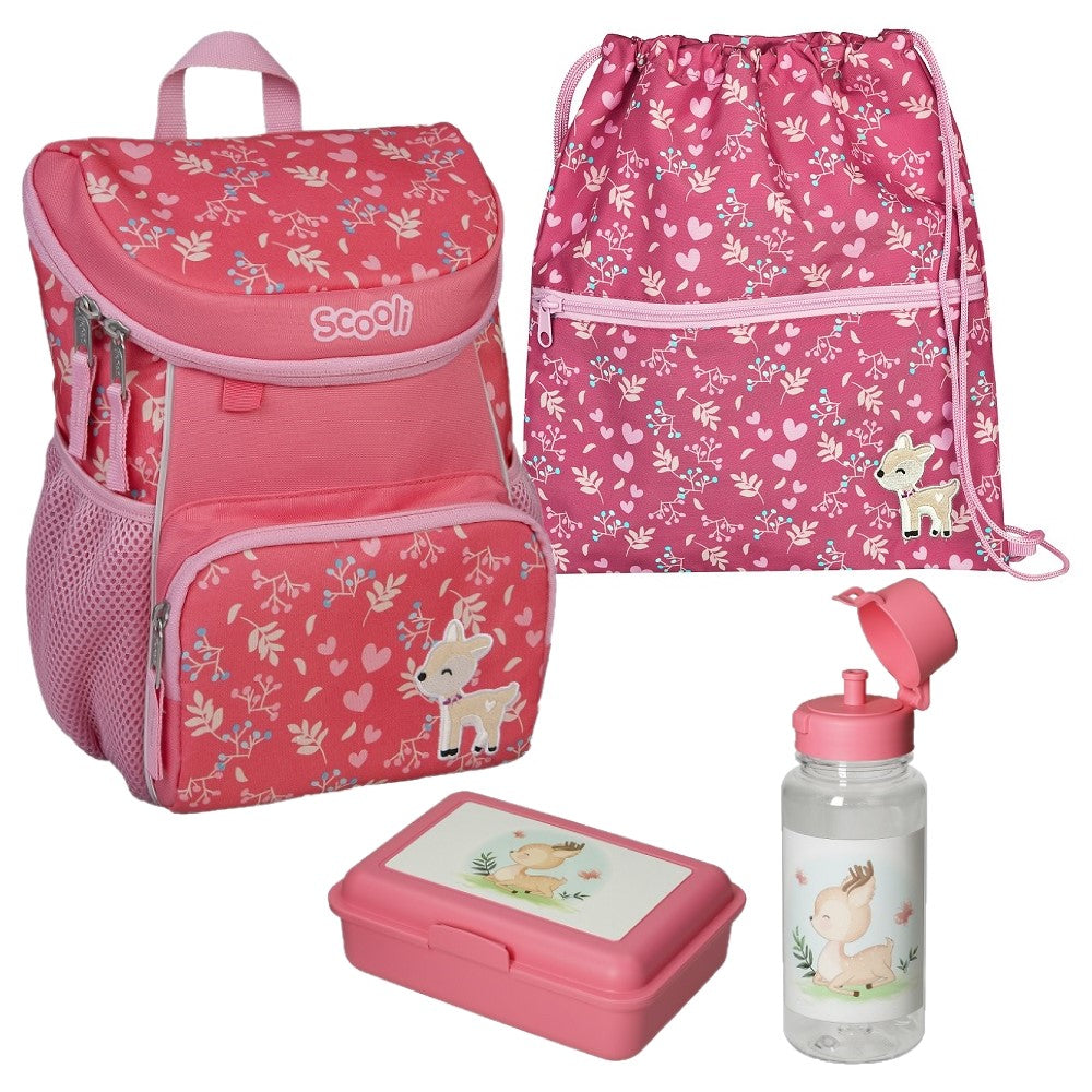 Scooli Mini-Me Kinder Rucksack Set mit Dose Flasche Turnbeutel Daisy Deer Rehkitz Bambi