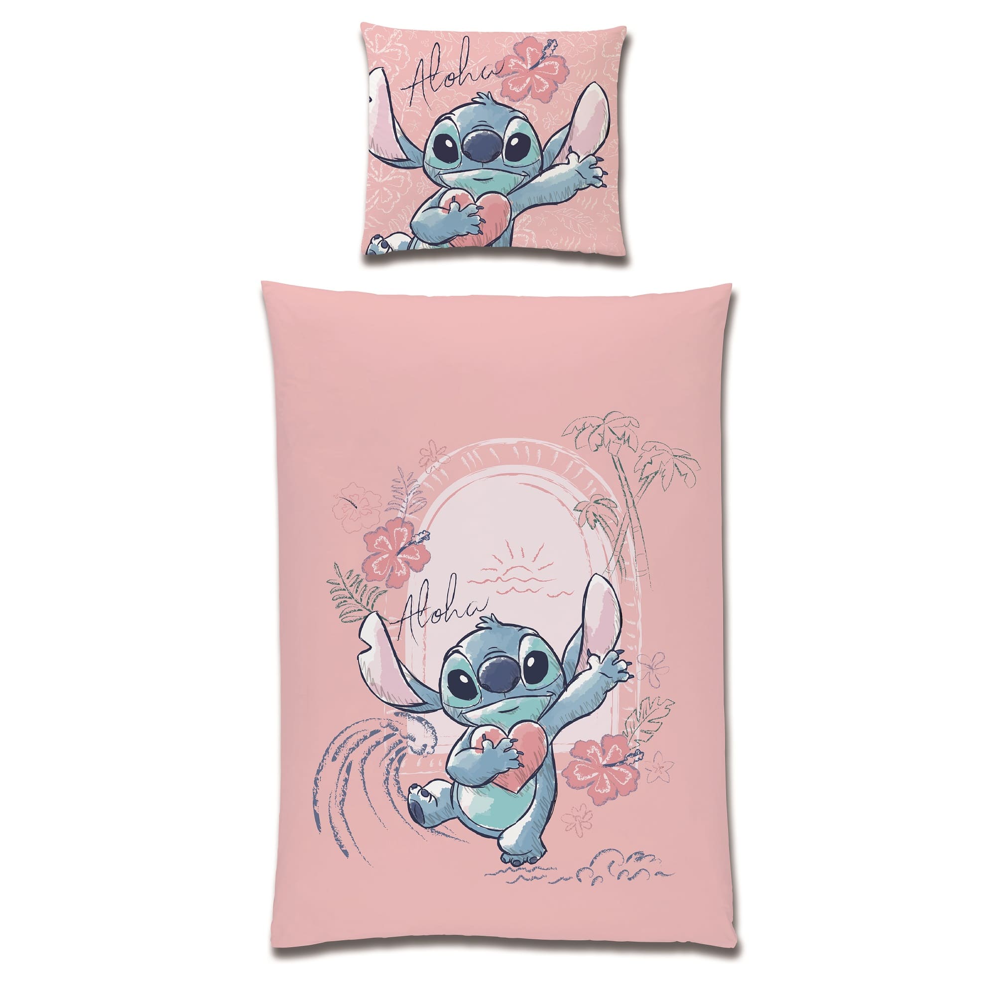 Lilo und Stitch Bettwäsche in rosa mit Stitch der ein Herz hält und Schriftzug Aloha