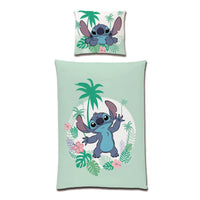 Lilo und Stitch Bettwäsche in türkis mit Motiv Aloha Vorderseite mit Stitch zwischen Blätter und Palmen