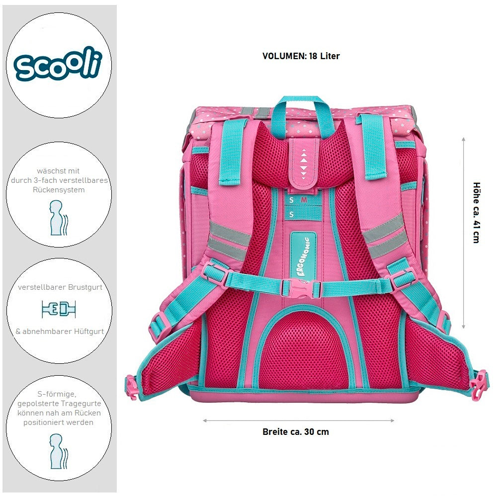 Scooli Flexmax Schulrucksack Set Pinky Dots mit Patches für Mädchen ab der 1. Klasse