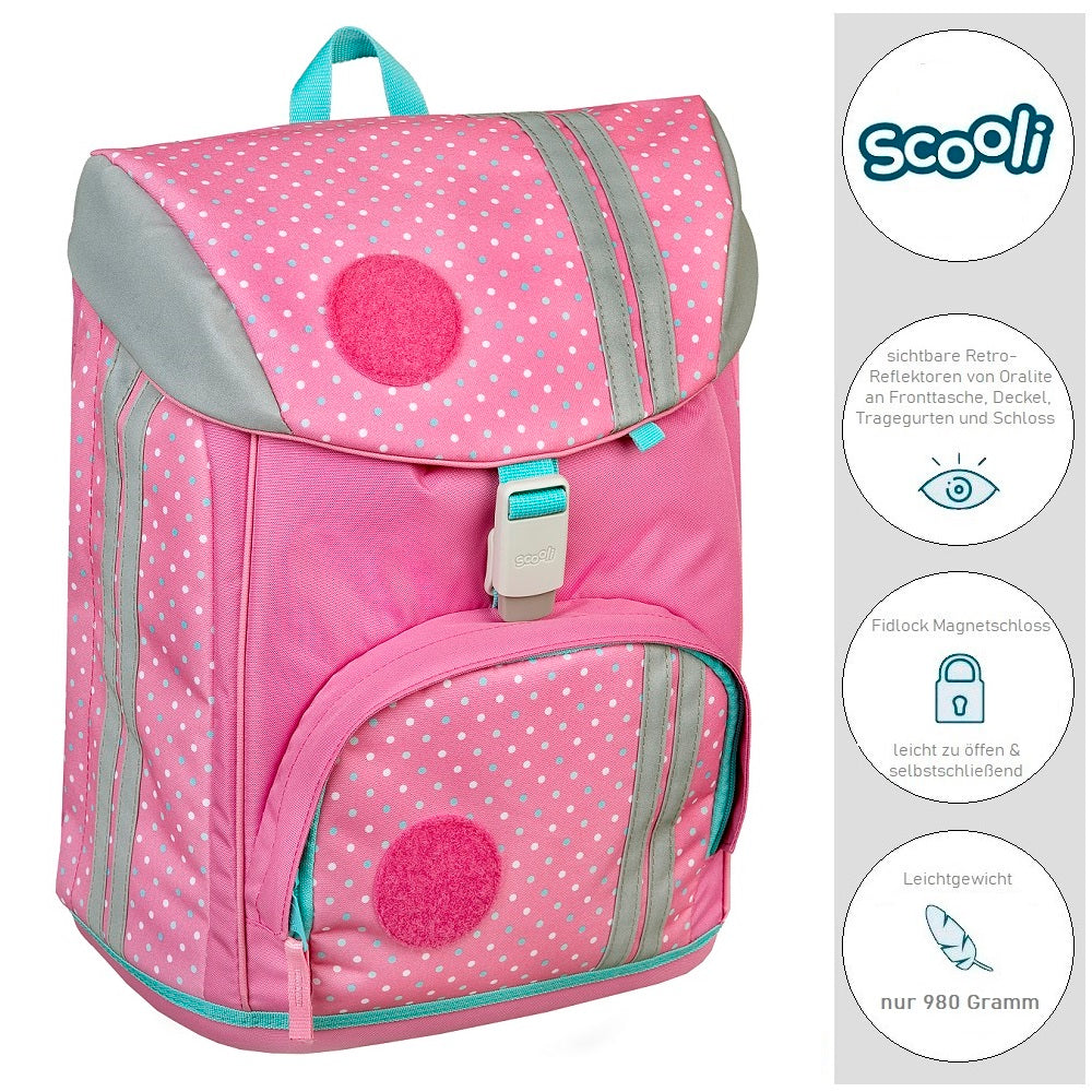 Scooli Flexmax Schulrucksack Set Pinky Dots mit Patches für Mädchen ab der 1. Klasse