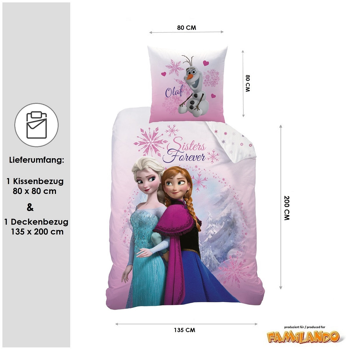 Größe 135x200 + 80x80 cm und Lieferumfang des 2-teiligen Sets der Frozen Bettwäsche