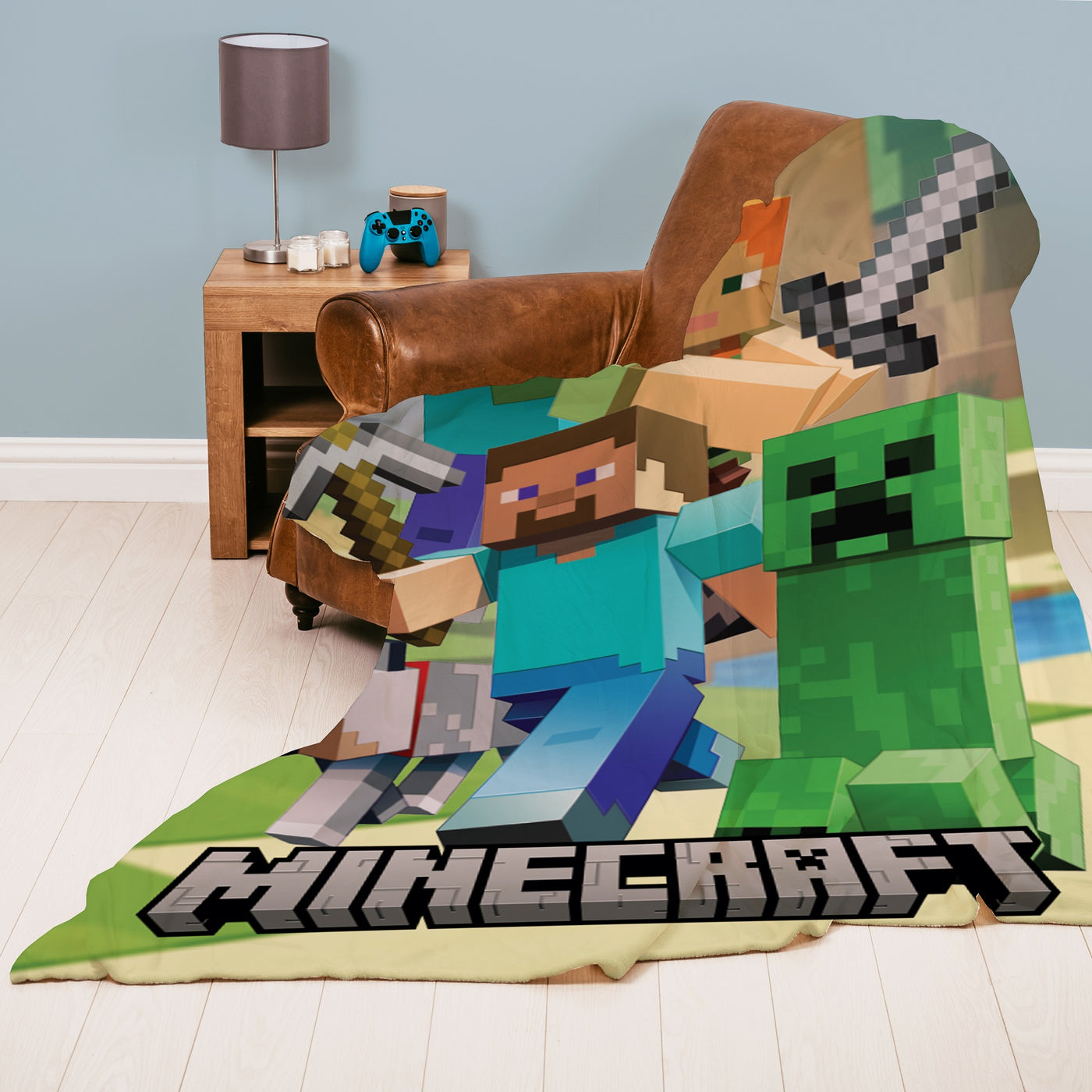 Minecraft Decke lässig über Ledersessel geworfen