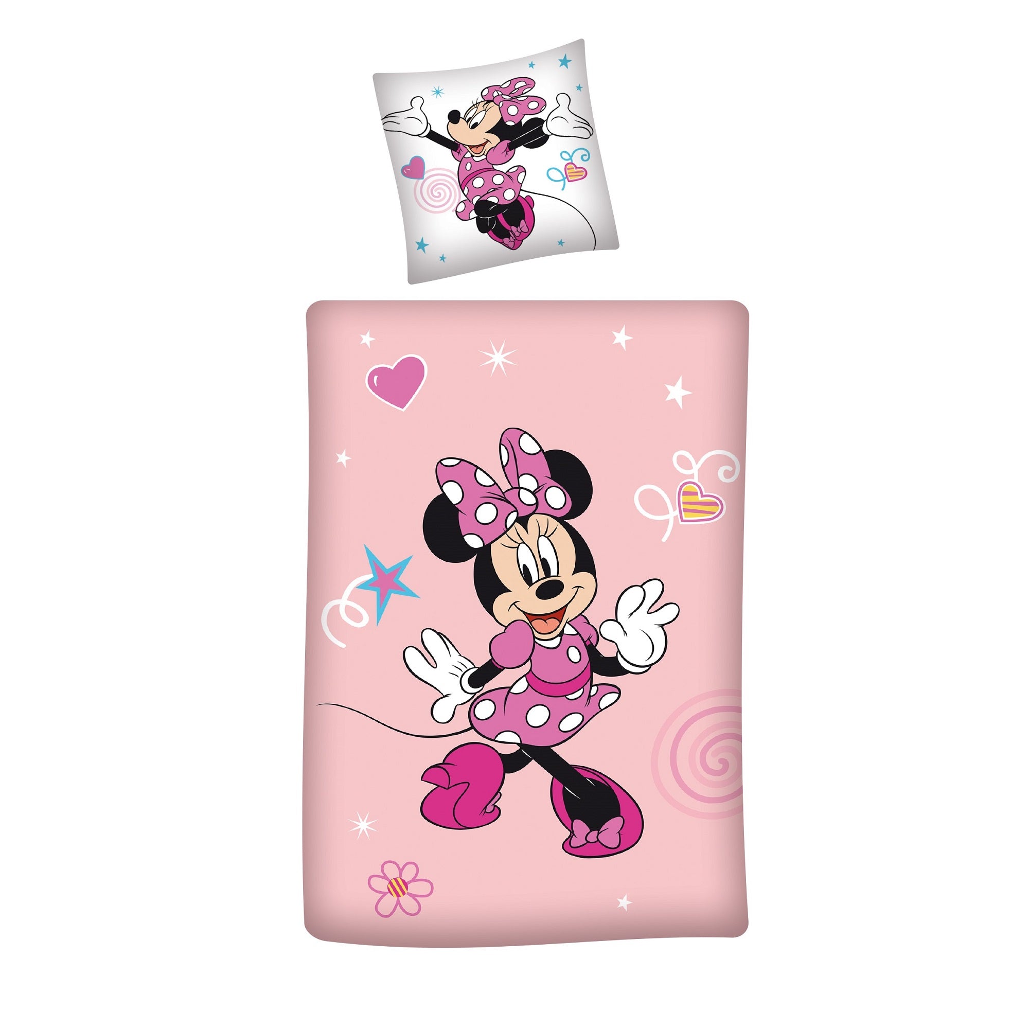 Vorderseite Mädchenbettwäsche mit rosa Minnie Mouse Motiv und Minnie auf Kopfkissen