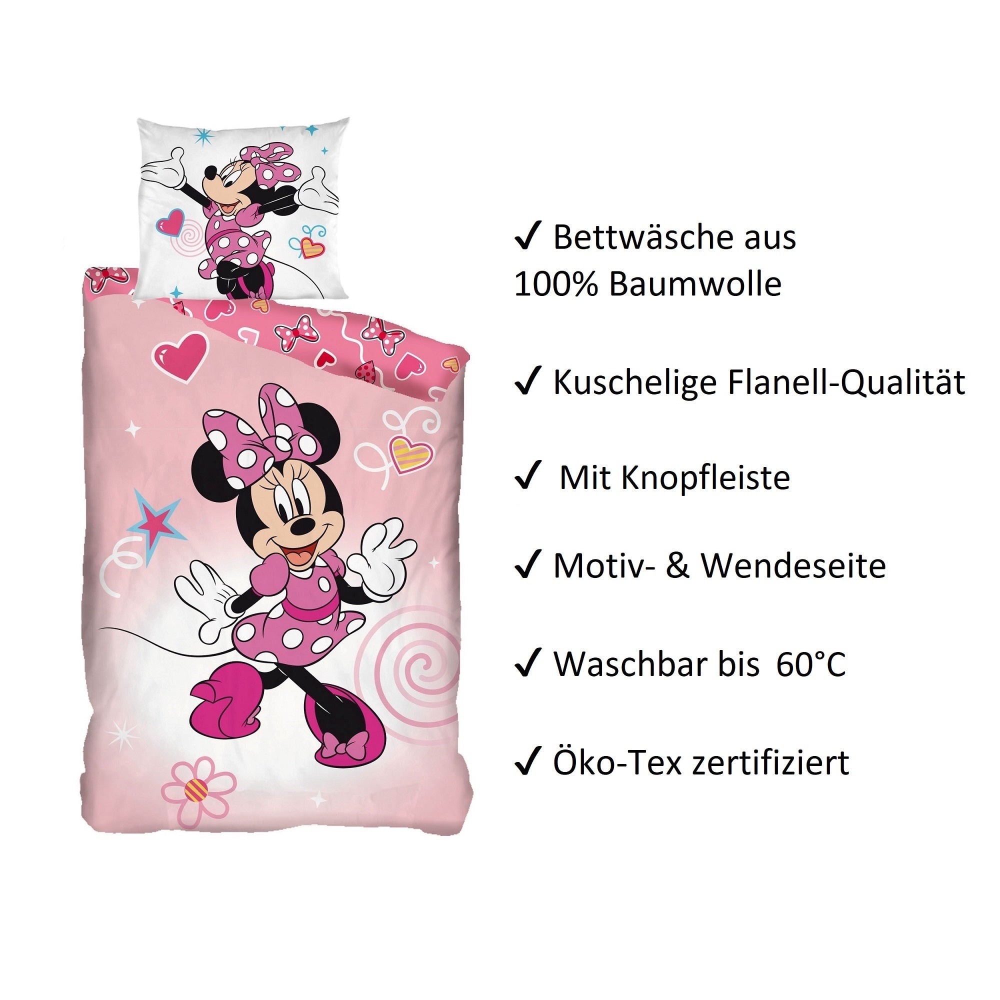 Wichtige Infos und Waschhinweise zur rosa Flanell Bettwäsche mit Minnie Mouse Bettwäsche