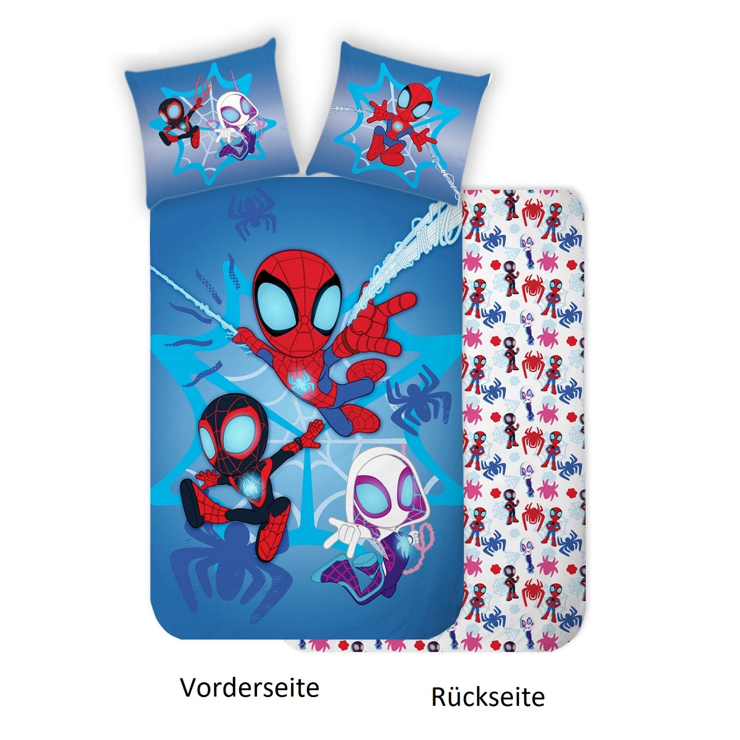 Vorderseite Spiderman Bettwäsche für Jungen blau mit Netz und Spinnen in der Stadt