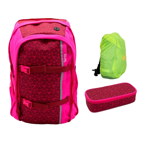 Twixter "Famous in Pink" Schulrucksack Set mit Schlamperetui und Regenschutz für Mädchen