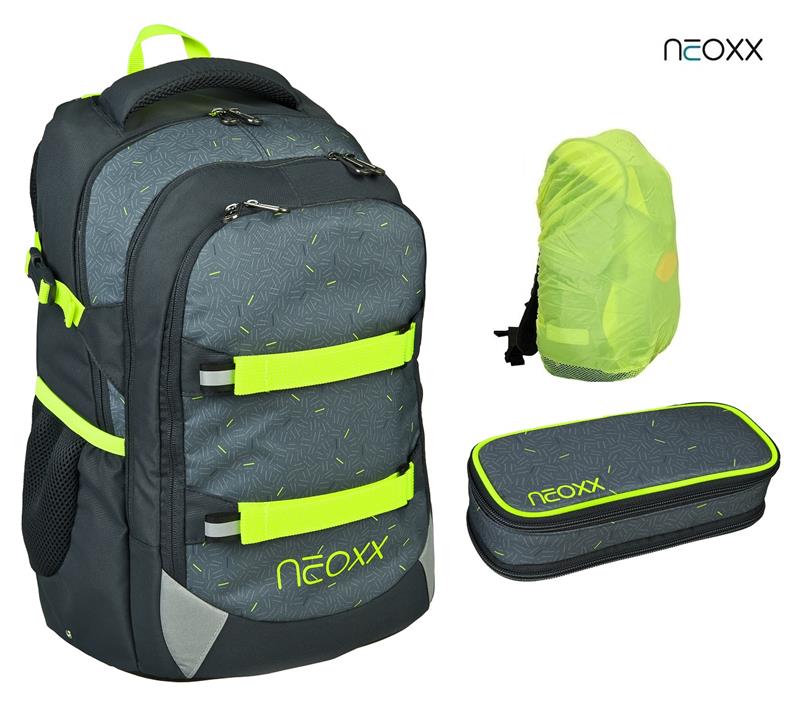 NEOXX Active Schulrucksack Boom 3tlg. Set mit Schlamperbox und Regenschutz