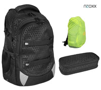 NEOXX Active Schulrucksack Lost in Black 3tlg. Set mit Schlamperbox und Regenschutz