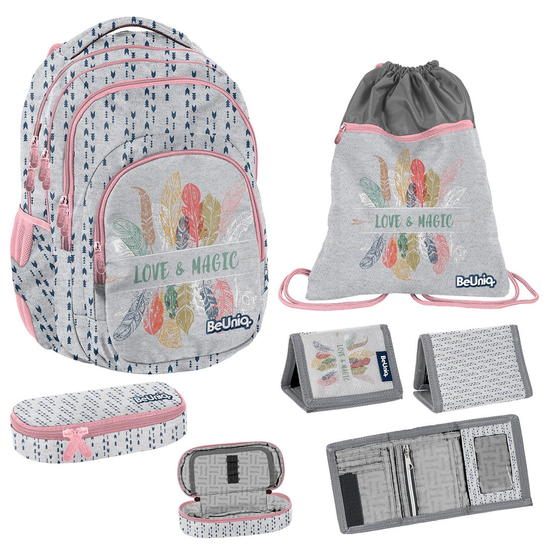 Schulrucksack Set 4tlg. BeUnique Love & Magic Ethno Style Traumfänger Federn Grau