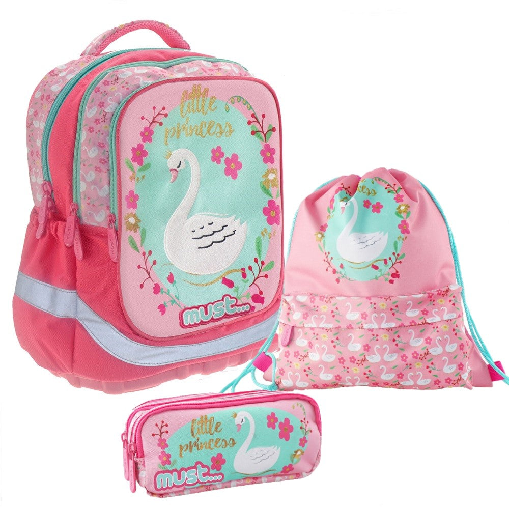 Mädchen Rucksack Set 3tlg. mit Turnbeutel und Schlampermäppchen Motiv Schwan Rosa Pink