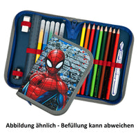 Spiderman Federmappe Innenansicht mit Stiften und weiterem Zubehör