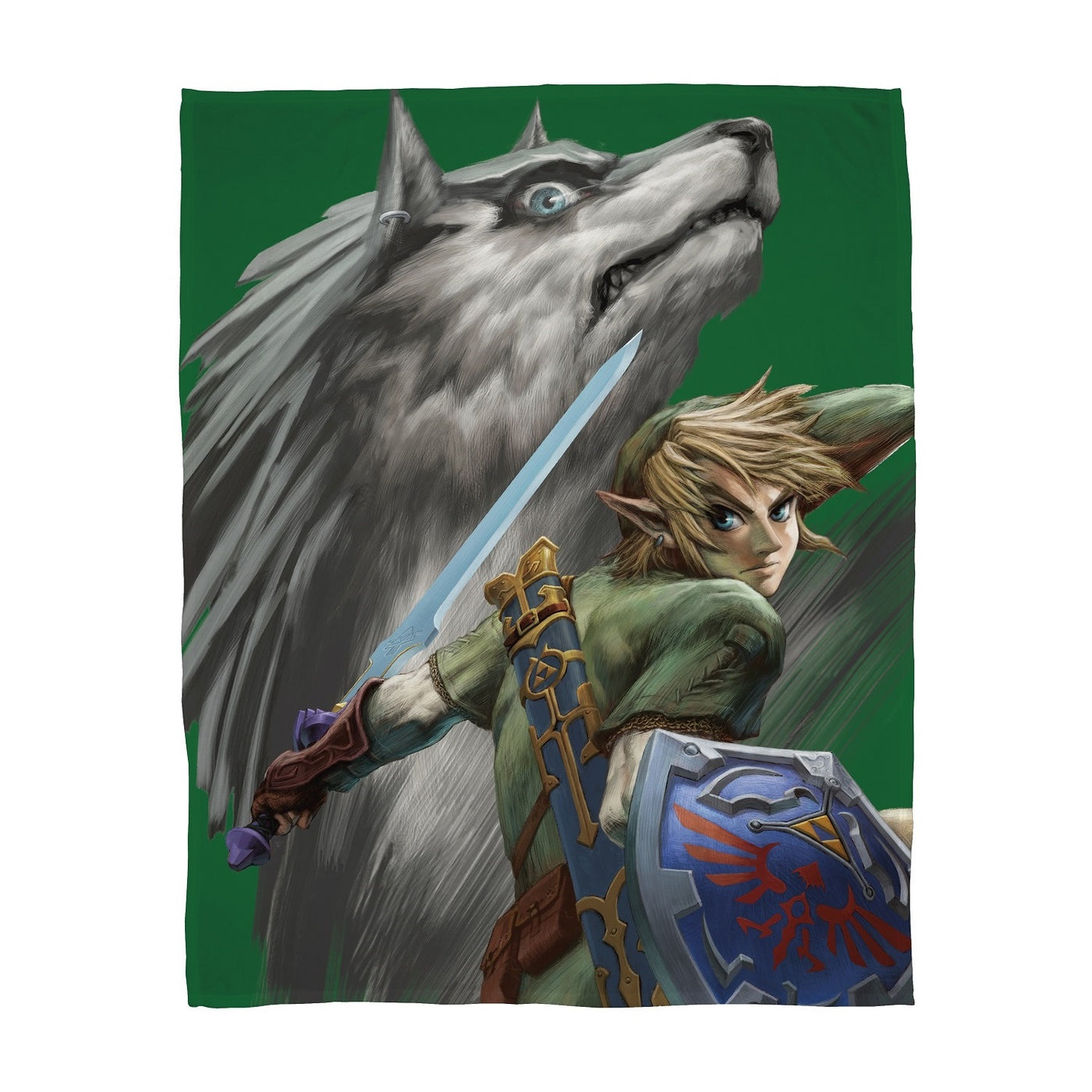 Tagesdecke für Kinder mit Zelda Motiv und Wolf-Link vor grünem Grund